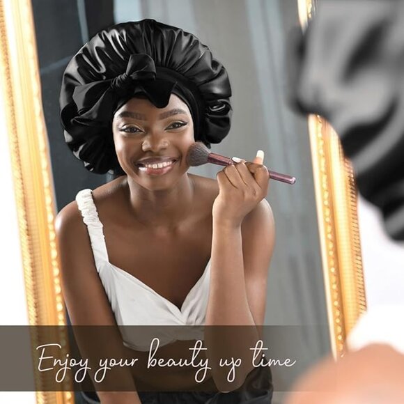 🆕 WomenBlack Satin Silk Bonnet for Sleeping Curly Hair Satin Lined Double Layer - Picture 4 of 6